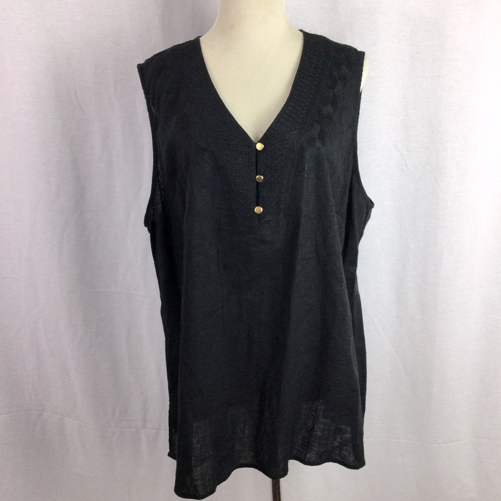 Cynthia Rowley Woman Black Embroidery on Black Linen Blend V-Neck Top Sz 2X NWT